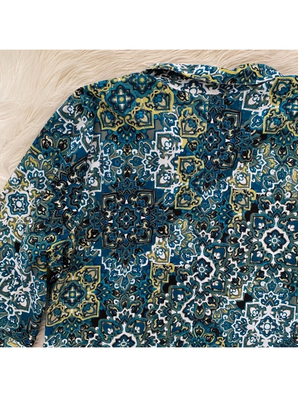 Catherines Timeless Blouse Deep Teal Tile Paisley Blue Green Button Up Shirt 2X - Picture 8 of 10